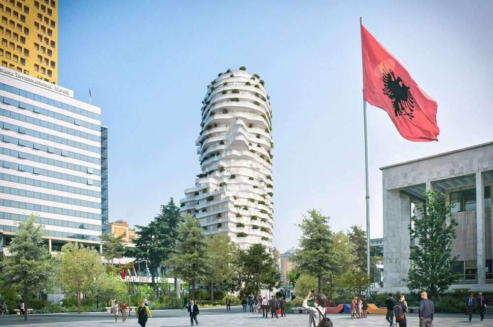 A multi-use tower sculpture in the shape of a statue of Albania's national hero
