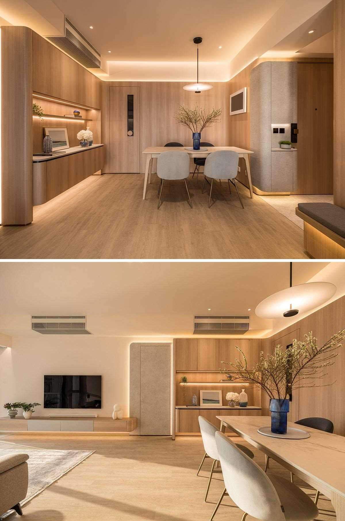 منطقة طعام حديثة ذات مخطط مفتوح وغرفة معيشة مع إضاءة LED مخفية.