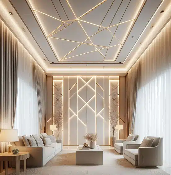 Contemporary living room with LED lighting and wooden wall decorations.