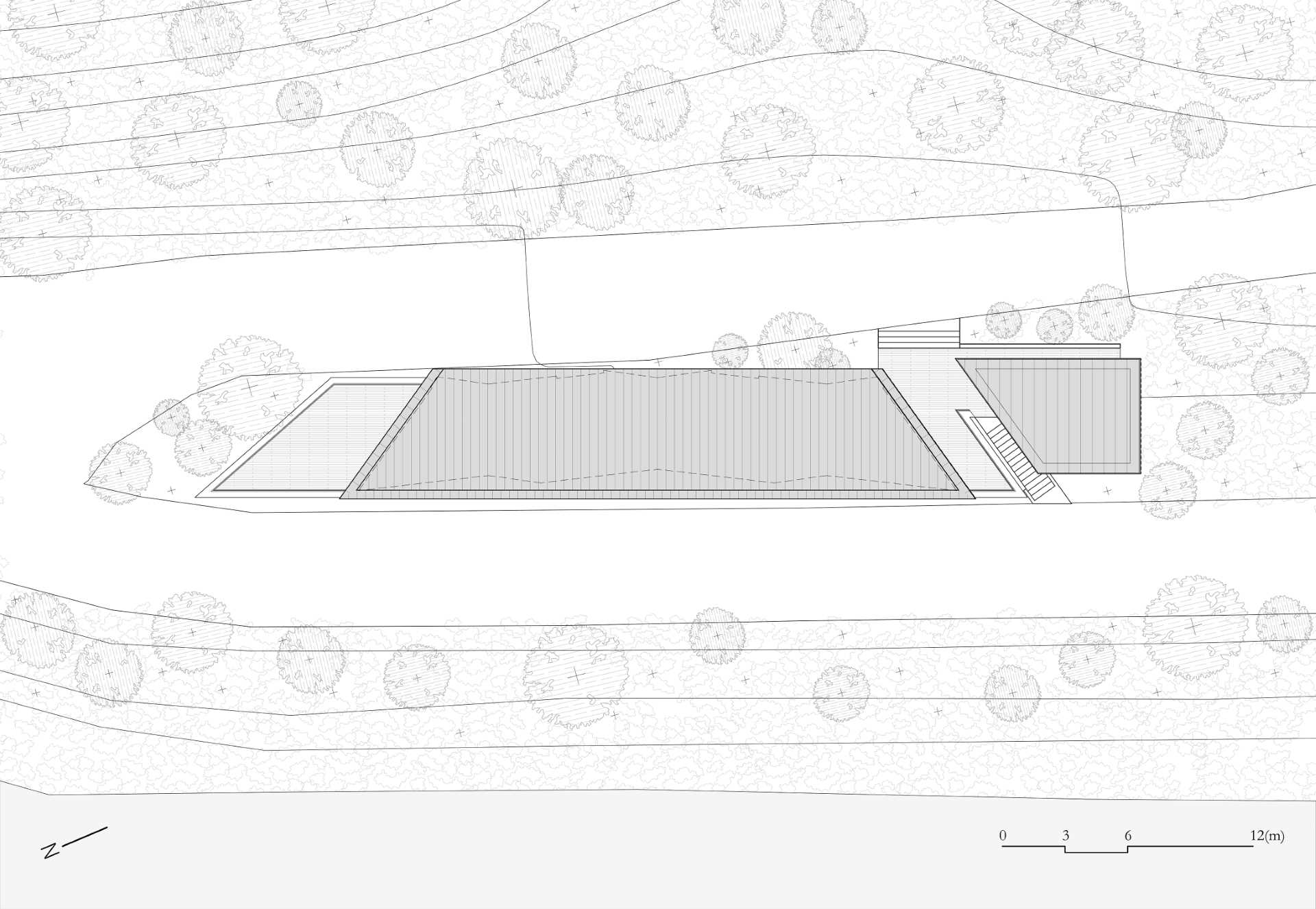 تعرض ستة أعمدة شبيهة بالأشجار الحرفية الخشبية داخل جناح على ضفاف النهر بواجهة زجاجية وسقف منحني.