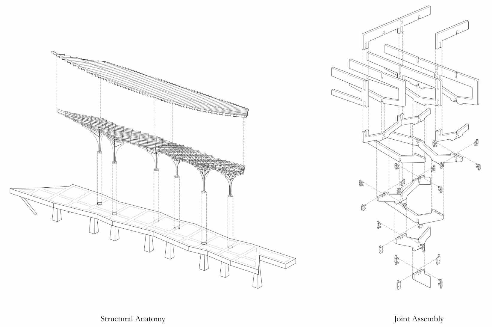 تعرض ستة أعمدة شبيهة بالأشجار الحرفية الخشبية داخل جناح على ضفاف النهر بواجهة زجاجية وسقف منحني.