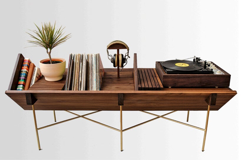 geology studio's all-in-one open 45 credenza with integrated shelving optimizes vinyl listening experience