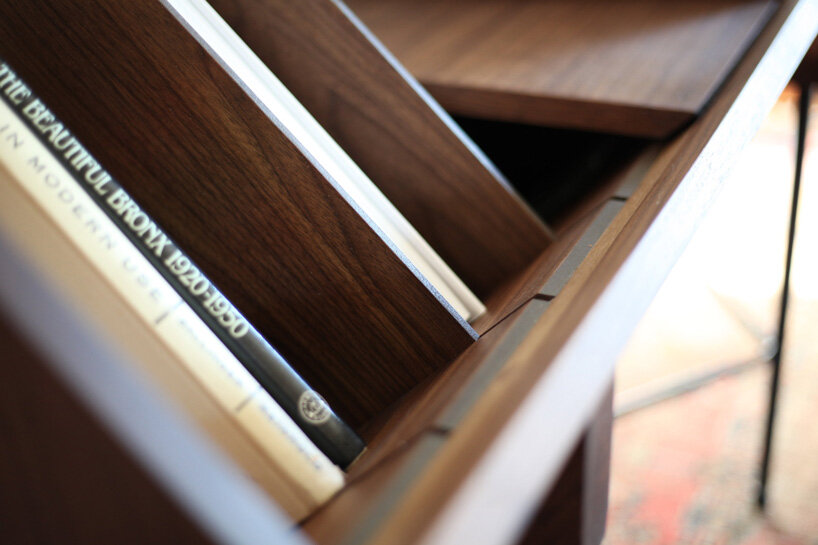 geology studio's all-in-one credenza with integrated shelving optimizes vinyl listening experience