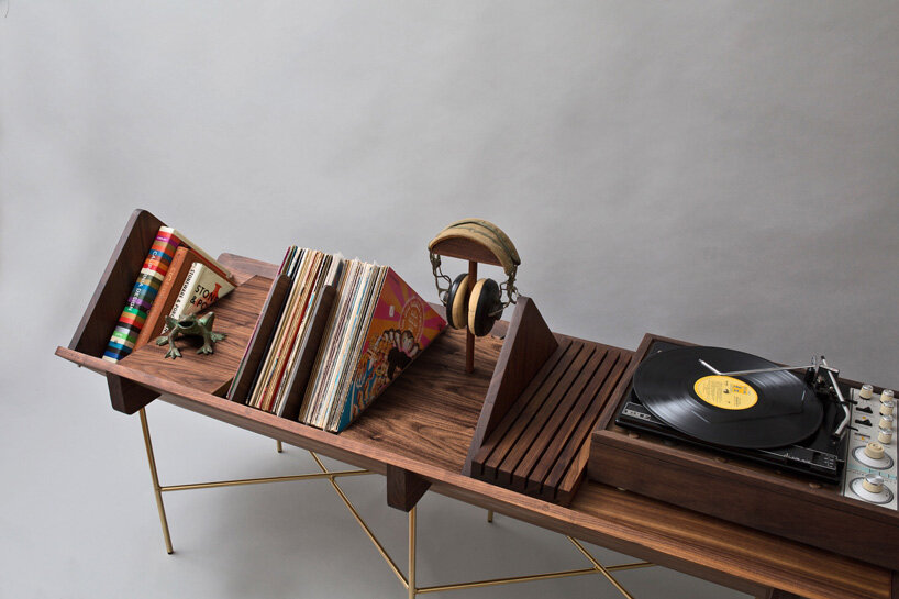 geology studio's all-in-one open 45 credenza with integrated shelving optimizes vinyl listening experience