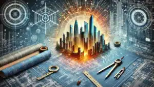 "A futuristic city being built using AI technologies in civil engineering, surrounded by design tools and blueprints."