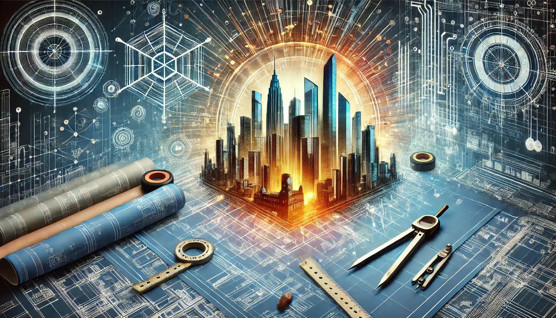 "مدينة ذكية تُبنى باستخدام تقنيات الذكاء الاصطناعي في الهندسة، مع أدوات تصميم وخطط بناء محيطة."