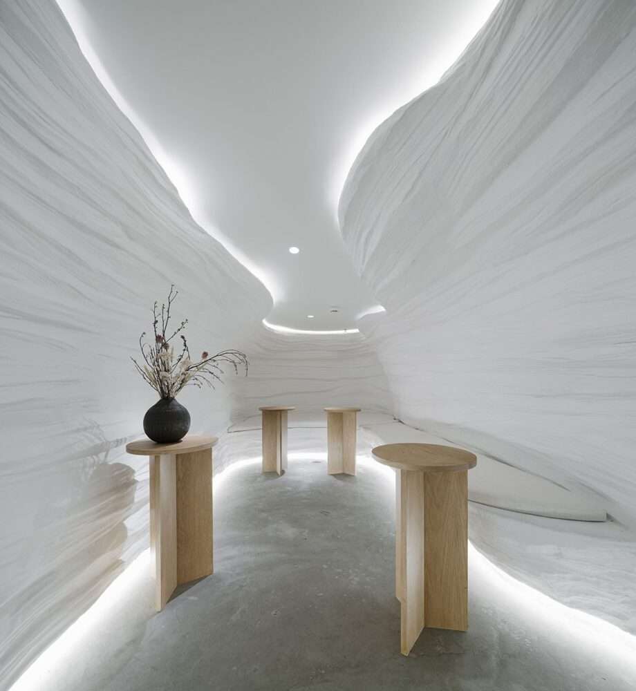 The design of the tea café within the cave-like walls has a surreal atmosphere