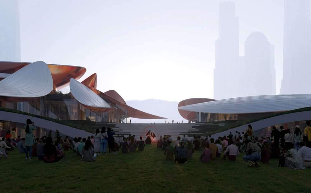Design of a culture and arts center with bamboo leaves