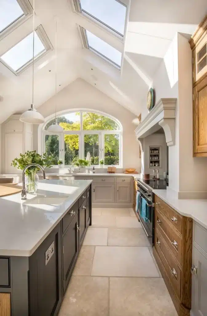 "Kitchen with vaulted ceiling and skylights for enhanced natural lighting."
