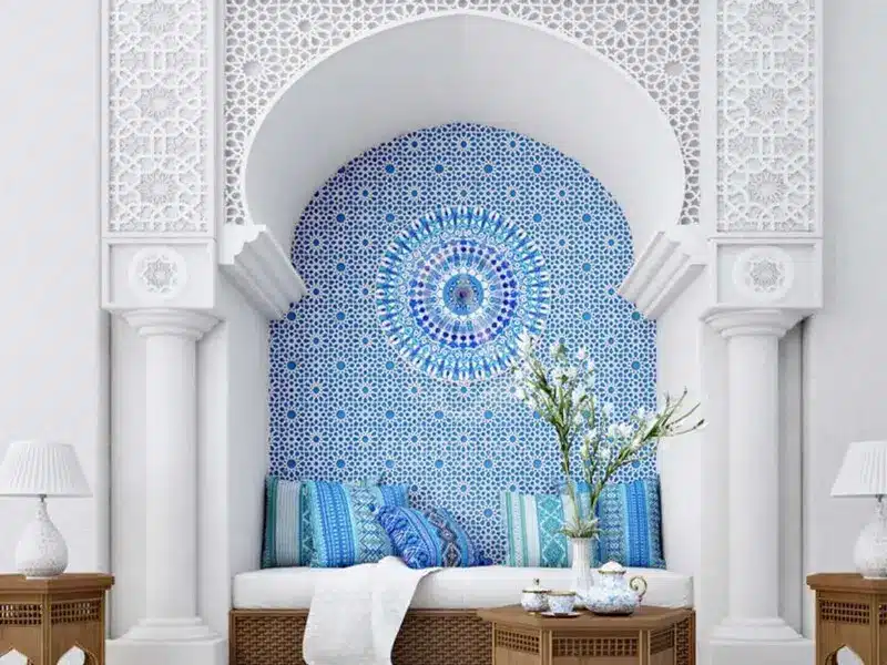"An interior design example that combines traditional architecture with art, featuring intricate geometric patterns and beautiful blue tones."