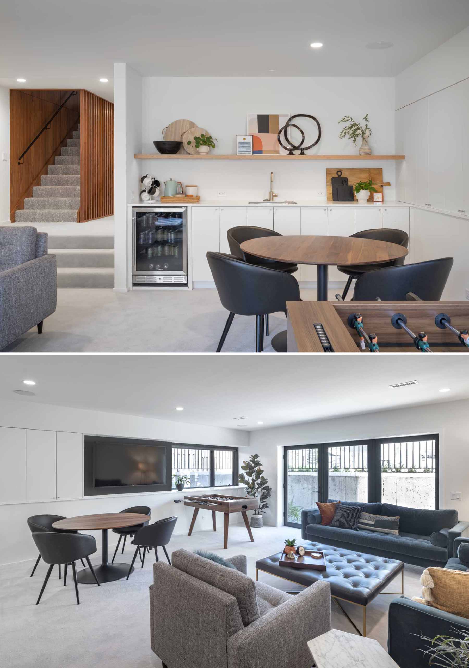 يوجد في هذا الطابق السفلي مخطط طابقي مفتوح مع غرفة عائلية وبار ومنطقة ألعاب.