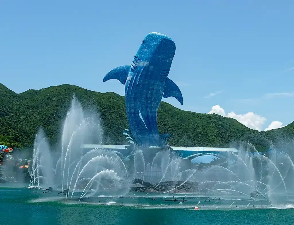 Giant whale shark statue at the entrance of Chimelong Ocean Kingdom aquarium