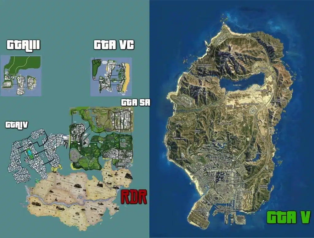 Comparison of Los Santos map design in GTA V with maps from GTA III, VC, SA, IV, and RDR