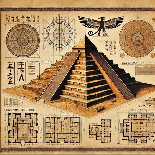 "Technical drawing that combines ancient architecture with art, featuring an Egyptian pyramid with precise engineering diagrams and symbolic elements like the sun god figure."