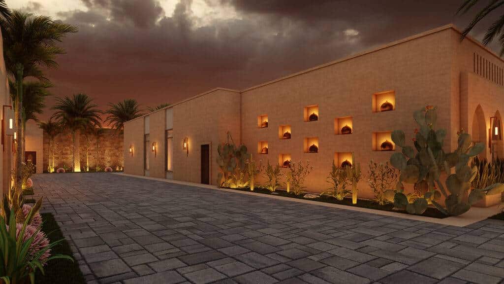 Outdoor corridor in Salman Style with lighting and plants