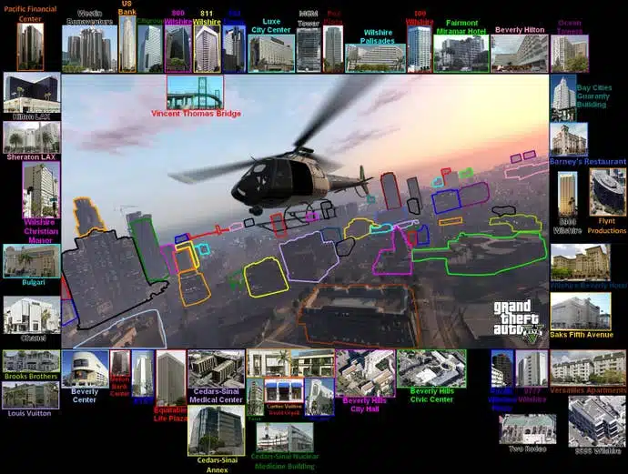 Helicopter view of Los Santos map design in GTA V with labeled real-world Los Angeles building comparisons
