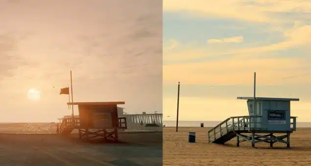 Lifeguard tower comparison in Los Santos map design from GTA V and real-world Los Angeles beach