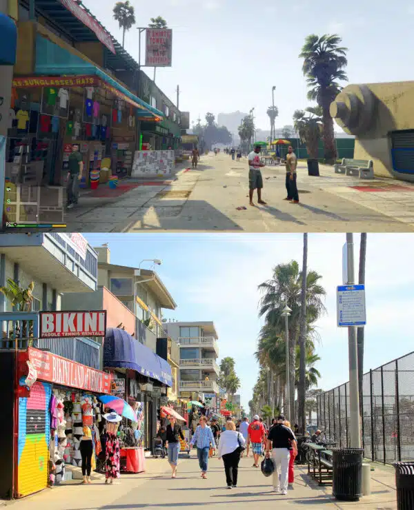 Boardwalk comparison in Los Santos map design from GTA V and real-world Los Angeles Venice Beach