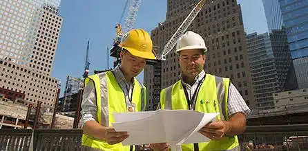 "مهندسون معماريون يراجعان المخططات الهندسية في موقع بناء ضخم، مما يعكس أهمية التعاون بين المهندسين في تنفيذ المشاريع."
