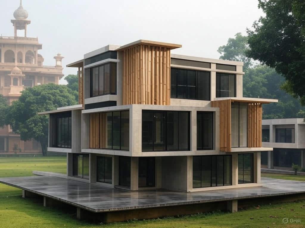 Modern building following architectural engineering laws with sustainable materials