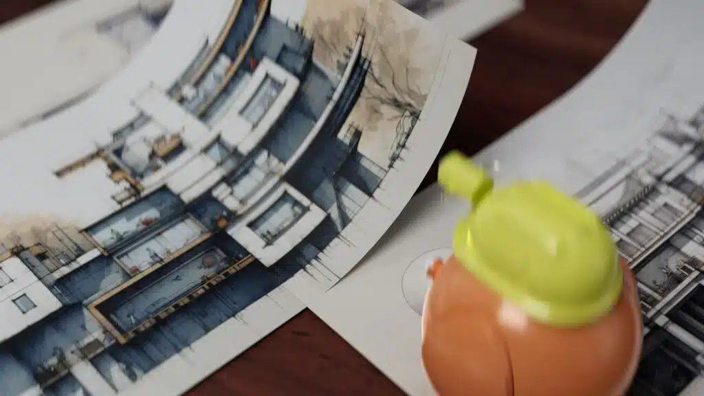 "Architectural drawings showing a detailed building design, with a water bottle on the table, reflecting an architect's workday."