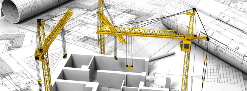 Construction site with cranes and architectural blueprints, highlighting the role of architects in project execution."