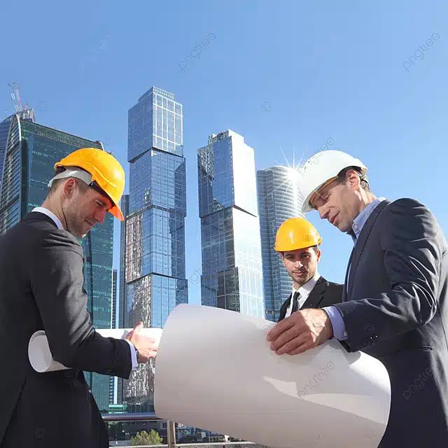 Architects reviewing construction plans at a building site with skyscrapers in the background.