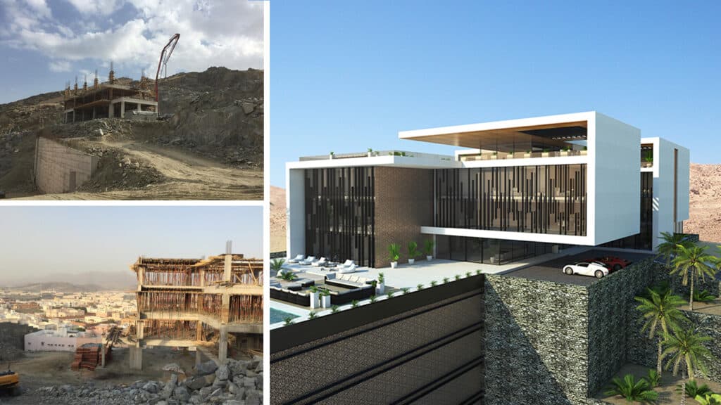 Contemporary mountain palace design by Ibrahim Joharji, featuring terraced white volumes and glass facades integrated into a rocky hillside.