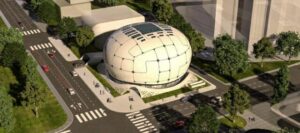 "Architectural rendering of the Seoul Robot Museum, featuring its unique spherical design surrounded by greenery."