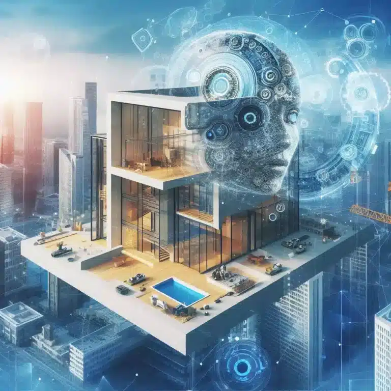 مبنى ذكي مستقبلي يظهر تكامل التكنولوجيا مع العمارة، حيث يتم دمج الذكاء الاصطناعي في تصميمه ووظائفه