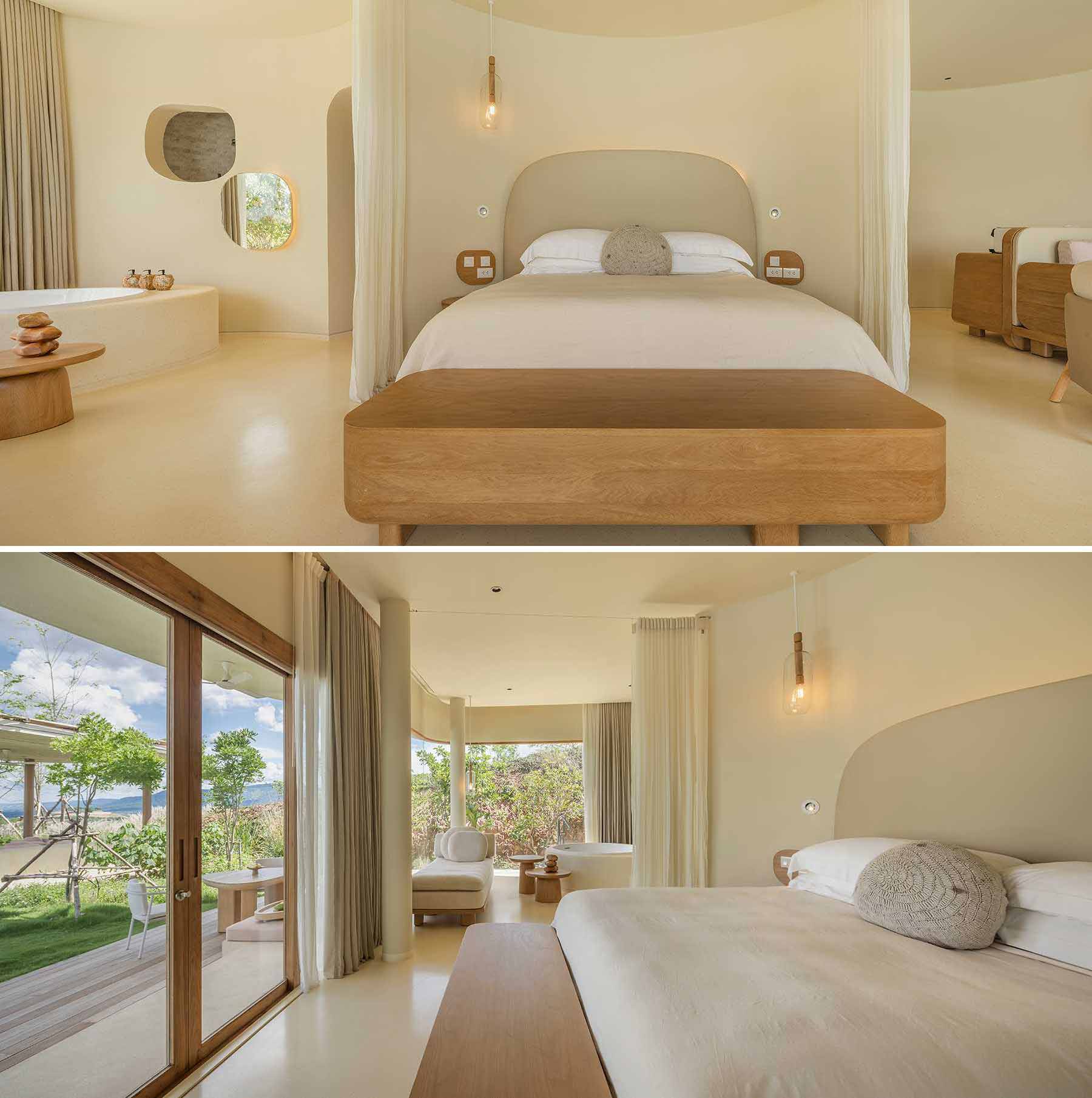 غرفة فندقية حديثة ذات ألوان ترابية ومواد طبيعية وحوض استحمام مدمج.