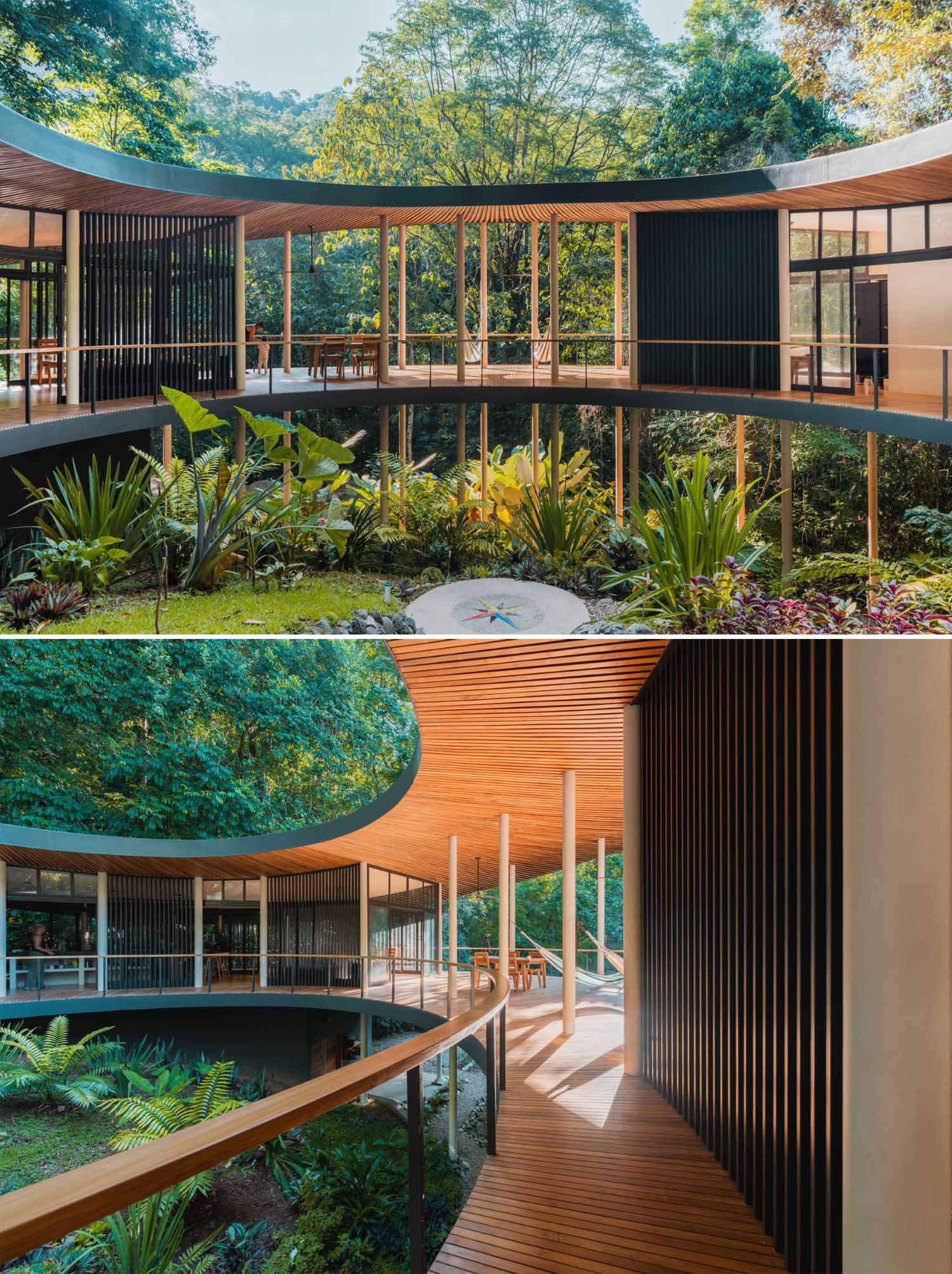 منزل دائري حديث خارج الشبكة مرفوع على ركائز متينة.