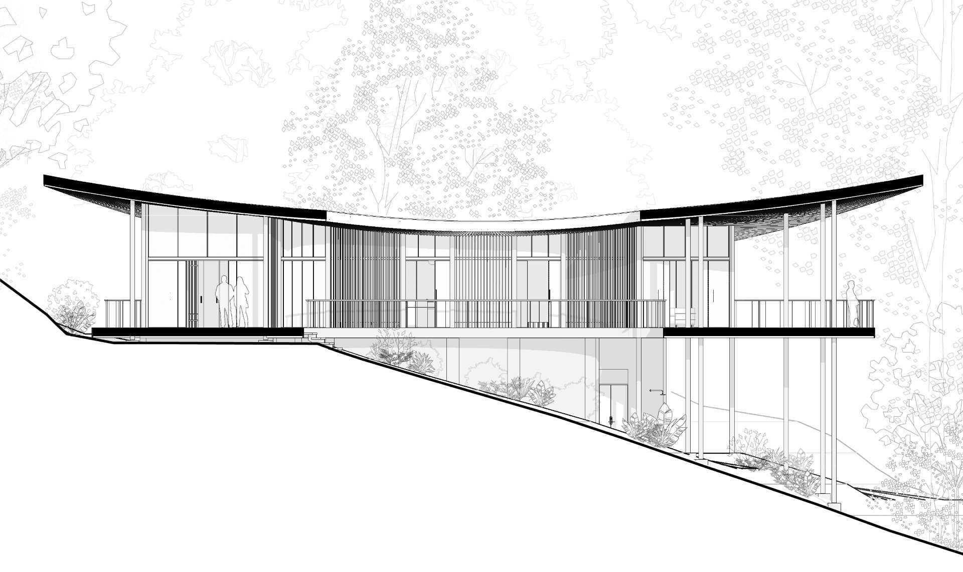 منزل دائري حديث خارج الشبكة مرفوع على ركائز متينة.
