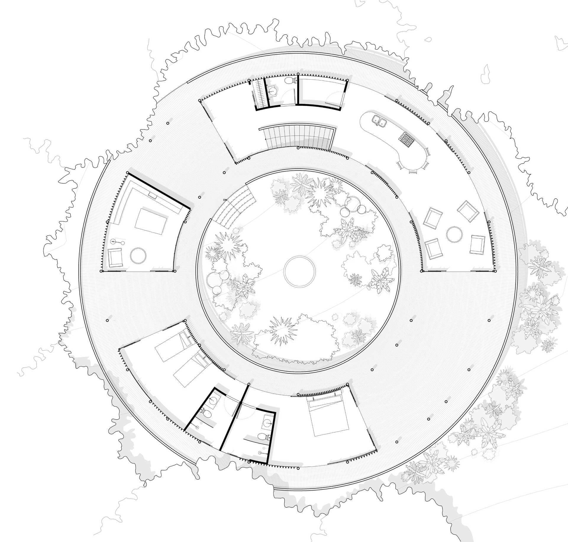 منزل دائري حديث خارج الشبكة مرفوع على ركائز متينة.