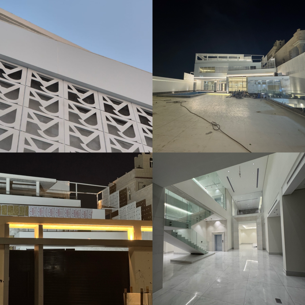 Architectural composite image 55A416BF-769D-44F0-B99E-5107888144A2.jpg tracking the construction progress and final execution of the award-winning MFJ Mansion in Al-Murjan, Jeddah, showing custom white geometric facade screens and modern structures