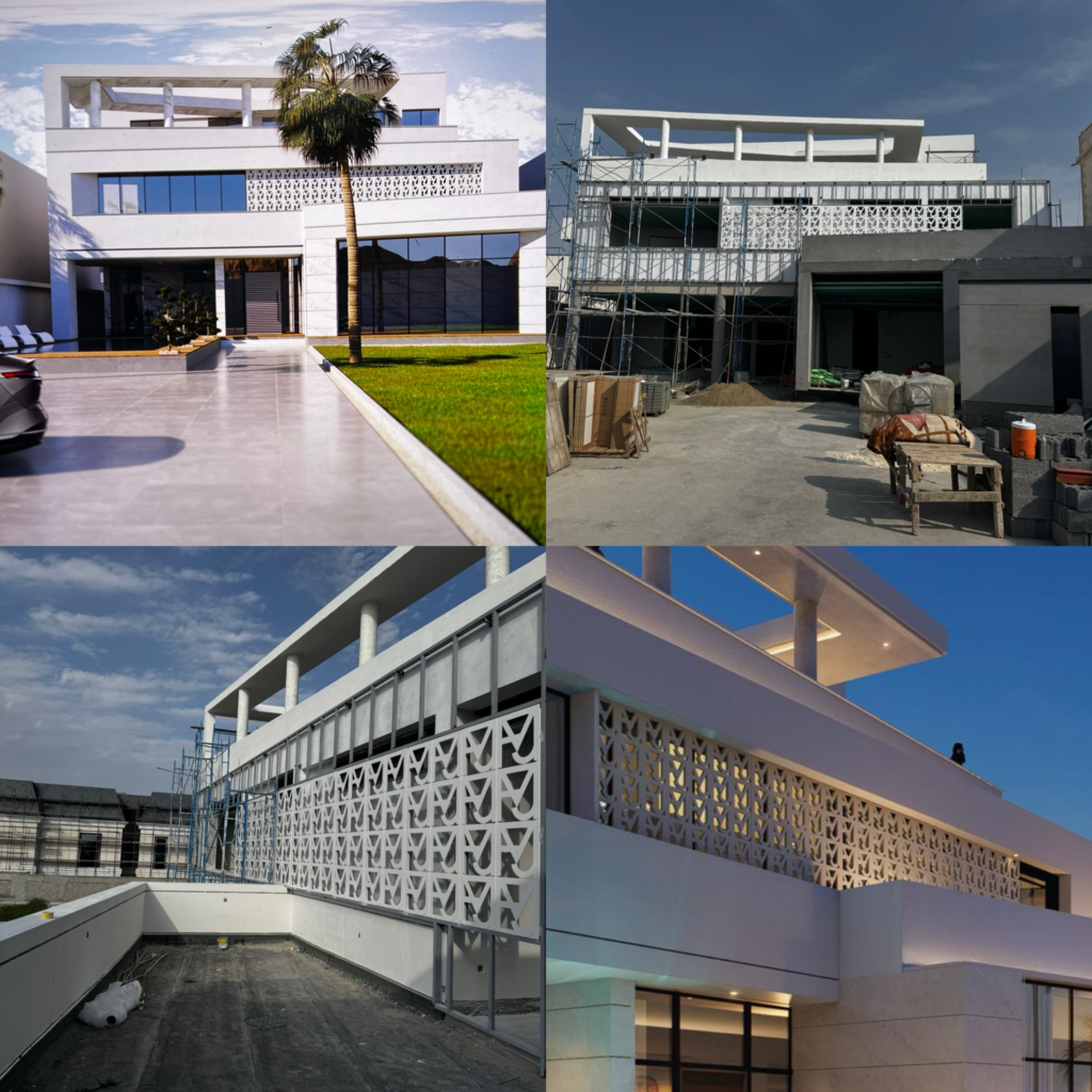 Architectural composite photograph CE0CC2DE-CABE-4B8E-99DB-D8FD93D2031C.jpg showcasing the completed luxury interiors, bespoke geometric screens, and illuminated night courtyards of the award-winning MFJ Mansion in Al-Murjan, Jeddah