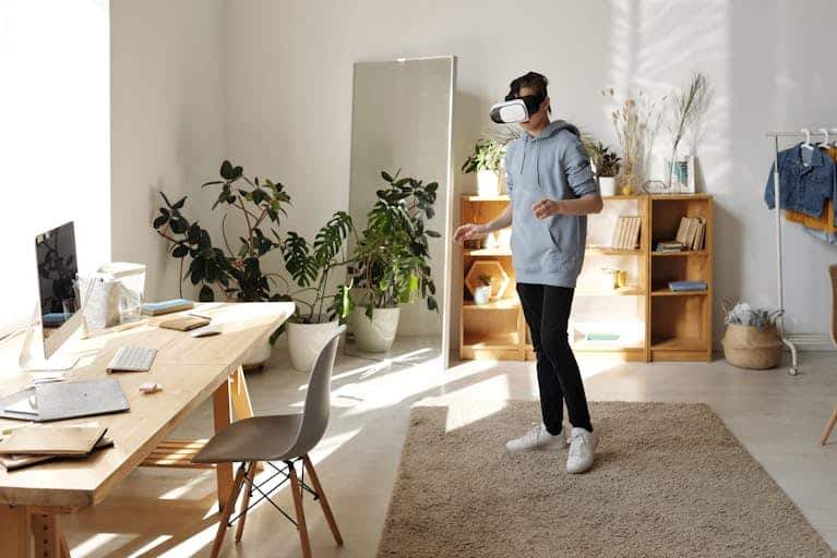 Teenager experiencing virtual reality at home wearing VR headset.