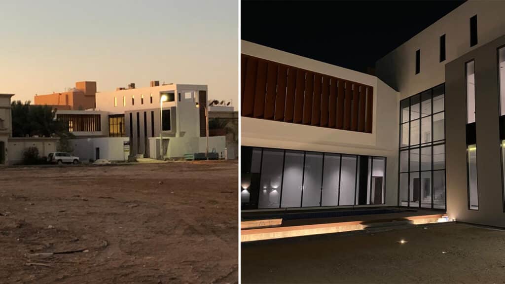 Exterior view of a bespoke luxury villa facade in the Al-Basateen district, Jeddah, designed by Architect Ibrahim Joharji.