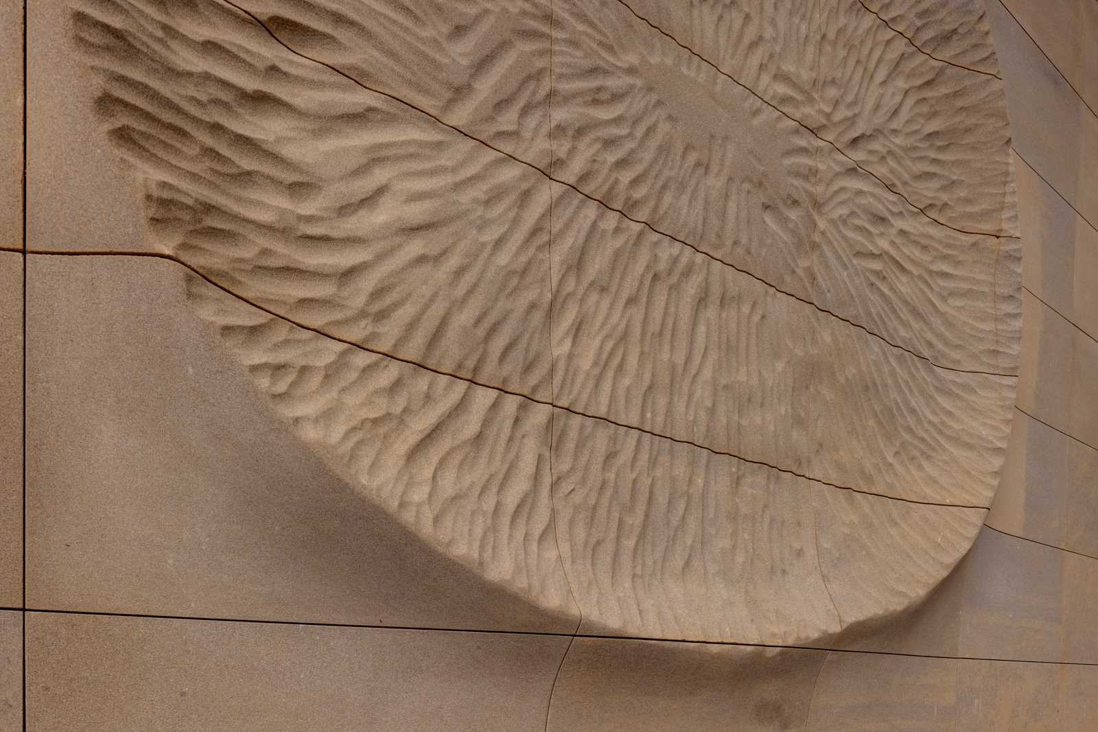 مبنى حديث به منحوتة من الحجر الرملي على واجهته.