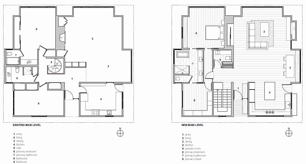 رسومات معمارية لمنزل حديث تم تجديده في منتصف القرن.