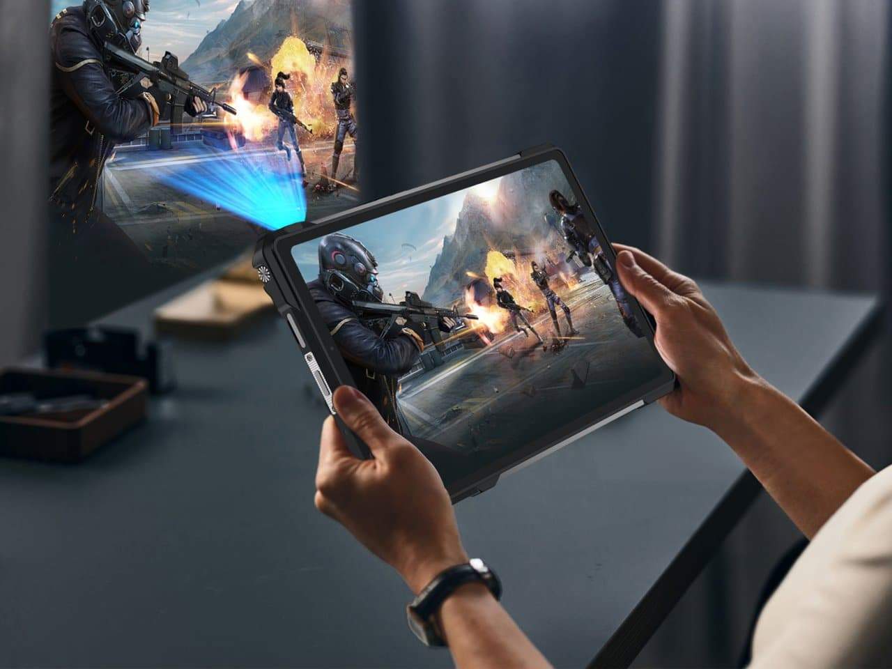 Tank-like tablet has a built-in projector for more immersive movie-watching