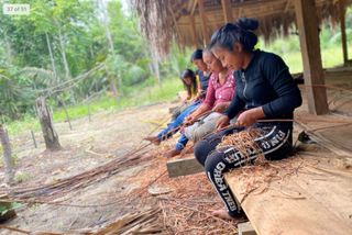 women peeling fibres on construction site