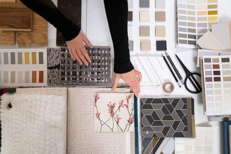 Hands arranging interior design samples and color swatches on a table.