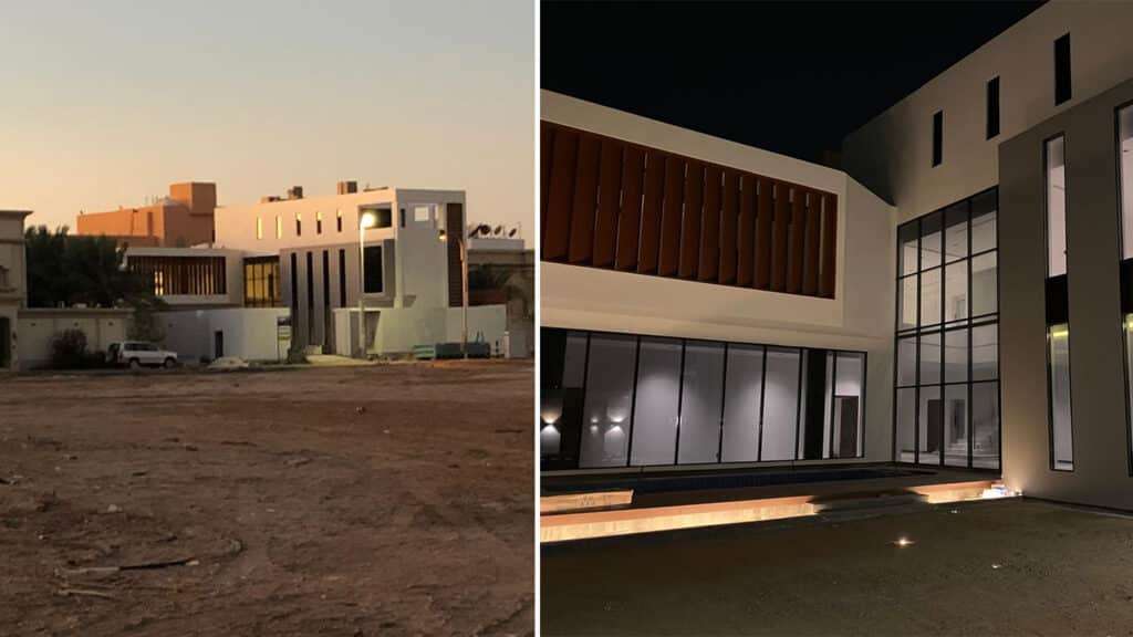 واجهة فيلا خاصة فاخرة في حي البساتين بجدة، تتميز بتصميم هندسي حديث وكسوة حجرية راقية، من تصميم المعماري إبراهيم جوهرجي.