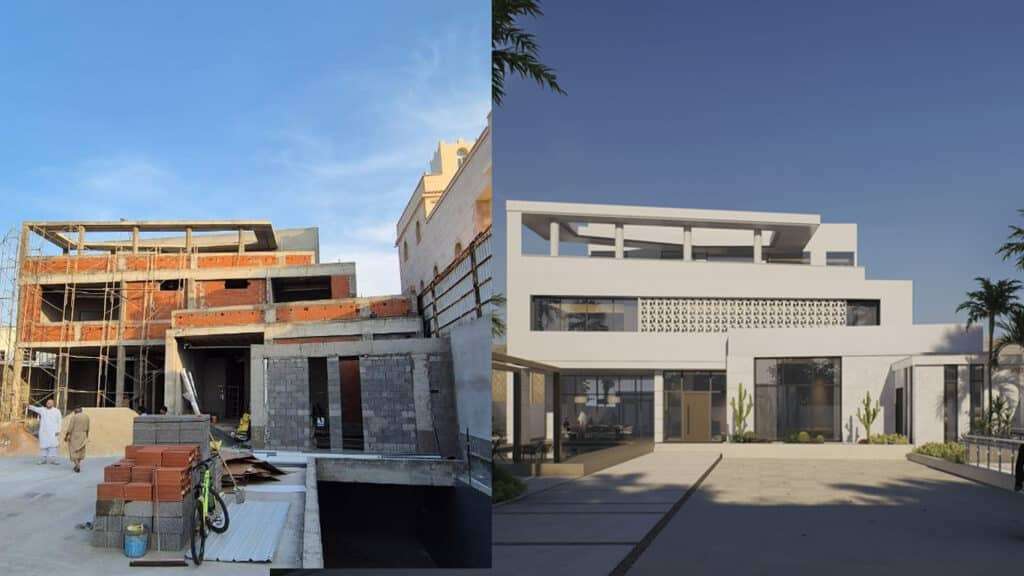 الواجهة الرئيسية لقصر MFJ السكني في حي المرجان بجدة، تظهر التصميم المعماري الذي يجمع بين الخصوصية وفخامة الكتل الحجرية، من تصميم المهندس إبراهيم جوهرجي.