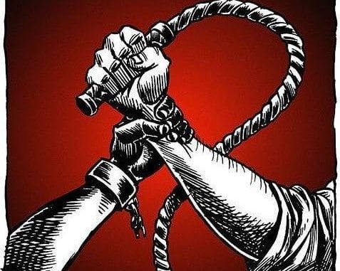 A hand holding a stick tied with chains, symbolizing the control and oppression in the "House of the Dictator."
