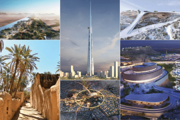 "Major Saudi projects blending heritage and modernity, including the Tuwaiq Heritage Tower and other architectural initiatives."