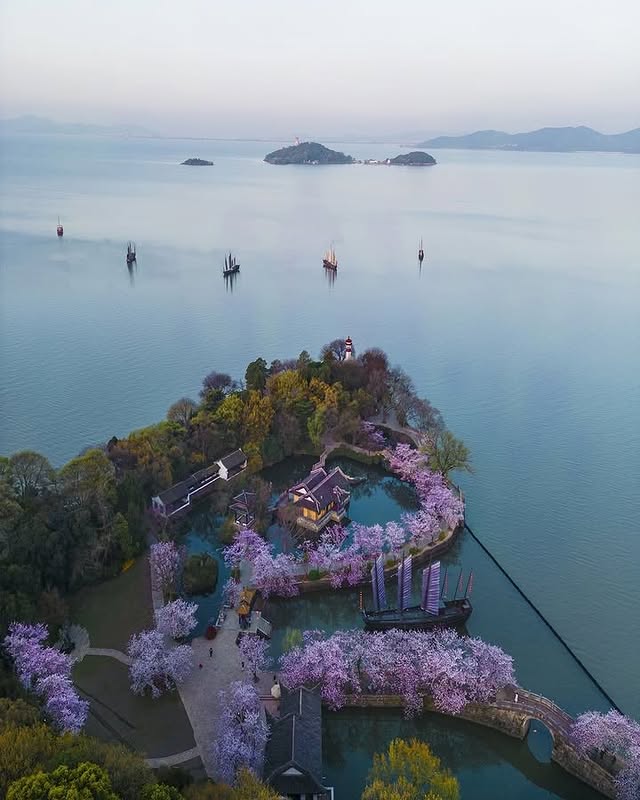 A small island surrounded by water, featuring blooming trees and traditional structures, as part of the Wuxi Urban Regeneration Competition.