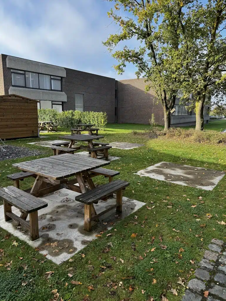 A serene outdoor picnic area with wooden benches and lush greenery, perfect for relaxation.