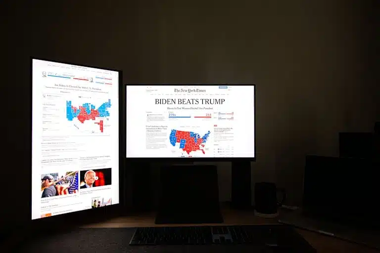 Dual computer screens in a dark room display election results indicating Biden's victory over Trump.
